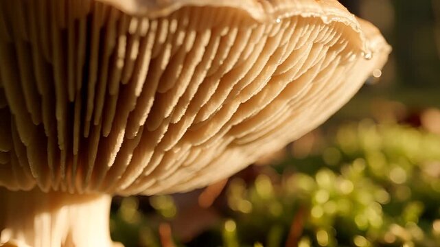 Closeup of a mushroom gills in the forest floor with moss.