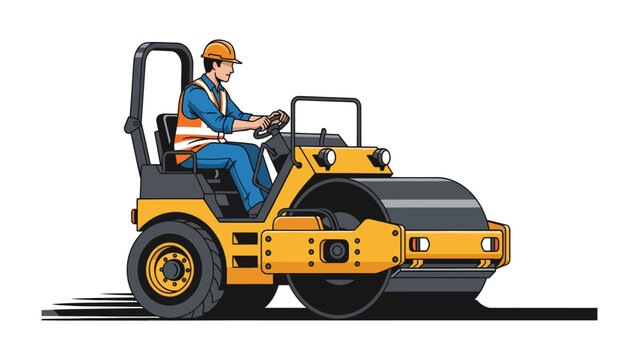 Road Construction Worker Driving a Steamroller: A construction worker in a hard hat and safety vest operates a large yellow steamroller, compacting the ground on a road construction site.