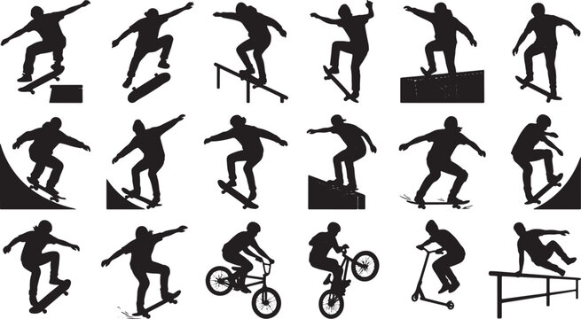 Collection of skateboarders, bmx riders, and scooter riders performing tricks silhouettes isolated on white background, Vector