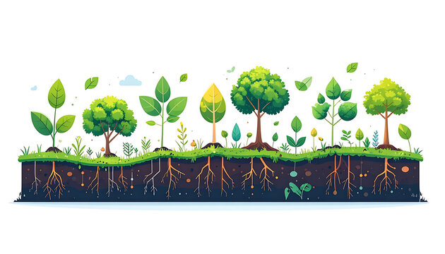 Pixel art illustration of diverse trees and plants growing from rich soil with visible root systems, symbolizing nature and growth