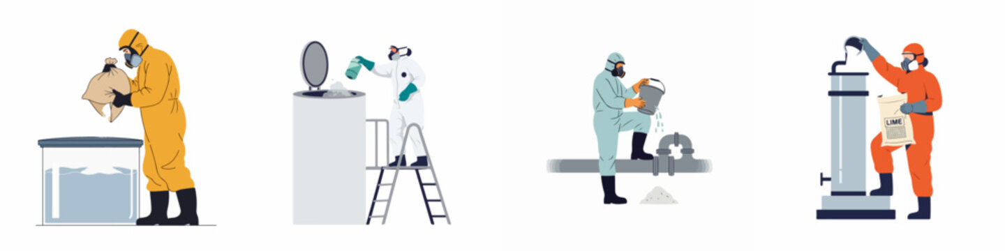 Set of illustrations featuring workers in hazmat suits handling hazardous chemicals and materials in industrial and laboratory settings for safety training.