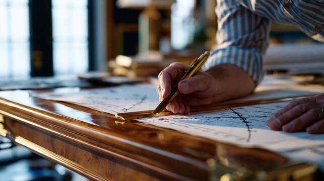 Scatter plot correlation data printed on architectural blueprints spread across a polished mahogany drafting table inside a luxury interior design studio, senior engineer tracing regression lines wi