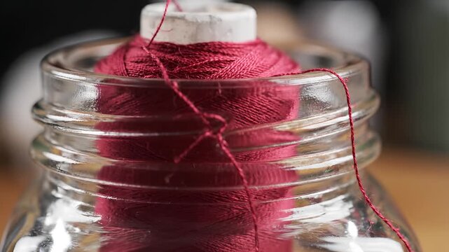 Closeup of a spool of red thread in a glass jar.