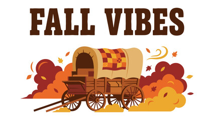 Fall Vibes: A rustic covered wagon, adorned with a checkered blanket, stands amidst swirling autumn leaves and warm, smoky hues, embodying the spirit of the fall season. © Joynob