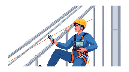 Industrial Inspection: A focused worker in safety gear, equipped with a handheld device, conducts an inspection on high-tension wires, highlighting diligence and precision in a demanding environment. © Ajhar234