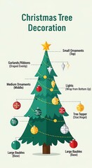 Naklejka premium Illustrated Christmas Tree Decoration Guide with Ornaments.