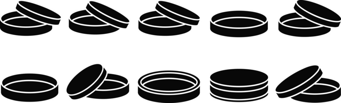 Round container silhouette icons set, cosmetic packaging design, storage box concept, lid and case illustration, black vector isolated graphic style