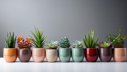 Fototapeta premium row of colorful potted plants and succulents in modern ceramic pots on white table