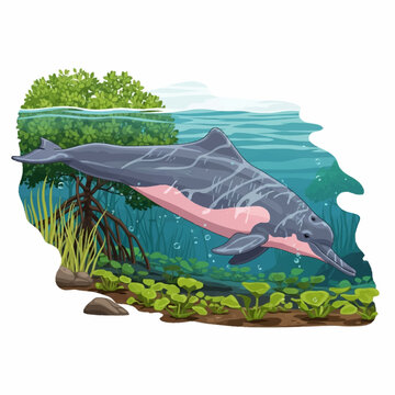 Digital illustration of an Amazon river dolphin with a pink belly swimming underwater in a mangrove forest ecosystem with visible roots, aquatic plants, and water bubbles on a white background.