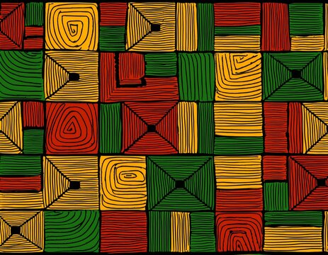 african inspired hand drawn square block tiles pattern with simple geometric lines and shapes bright colorful ethnic print wallpaper background design for black history month juneteenth kwanzaa