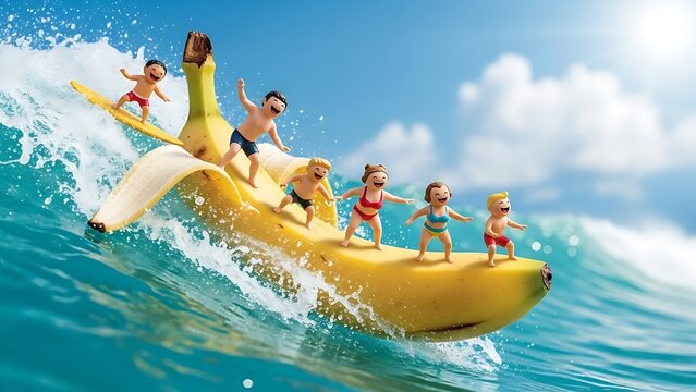 "Group of happy people riding a giant yellow banana as a boat speeding over ocean waves, fun and whimsical 3D scene, bright sunny day"
