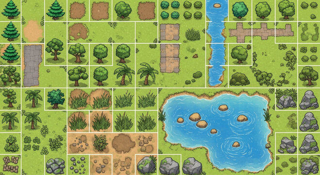 Top-down game tileset with nature elements, pixel art style landscape assets, green forest and water map creator vector collection