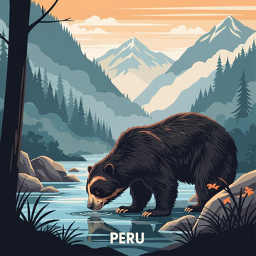 Vector illustration of a spectacled Andean bear drinking from a mountain stream in the Peruvian Andes with snow-capped peaks and pine forest background at sunrise.