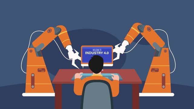 Industry 4.0 concept with engineer controlling robotic arms on computer cartoon animation