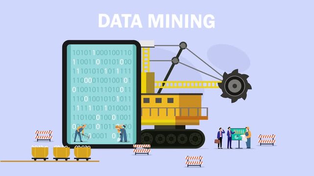 Data Mining Concept: Industrial Excavator and Workers Extracting Binary Code cartoon animation