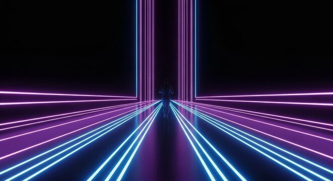 A solitary runner engulfed by endless glowing neon pathways in a futuristic digital void, representing motion and exploration.