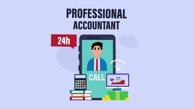 Professional Accountant Online Service Concept with Mobile App Support, 24h Consultant, and Financial Data cartoon animation
