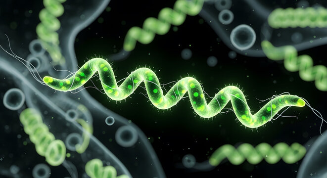 Microscopic 3D illustration of a glowing green spiral spirochete bacterium with internal spots