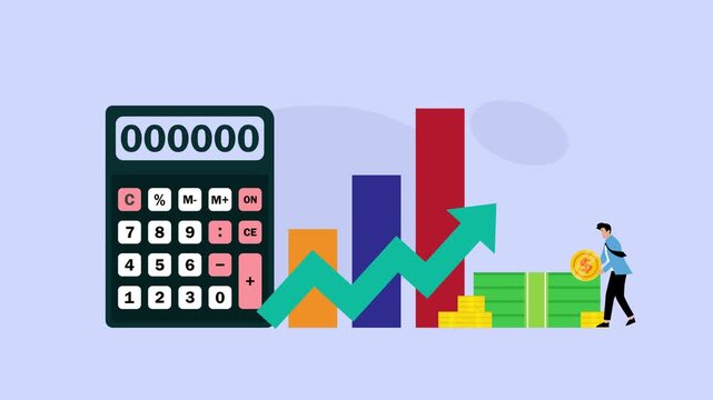 Financial Growth and Accounting Concept with Calculator, Growth Graph, and Businessman Saving Money cartoon animation