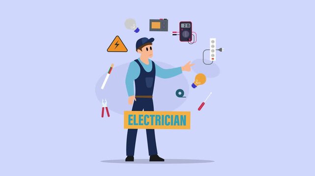 Electrician in Uniform with Professional Tools and Electrical Equipment Concept cartoon animation