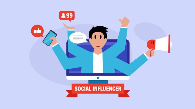 Social Media Influencer Concept with Multi-Armed Man on Computer Screen Holding Megaphone and Smartphone cartoon animation