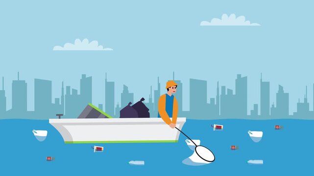 Ocean Plastic Pollution Cleanup Concept with Volunter Cleaning River from Boat Near City Skyline cartoon animation