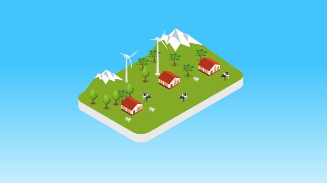 Sustainable Eco Village with Wind Turbines and Livestock Farm 3d animation cartoon