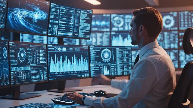 Control room operator monitoring screens with data visualizations in a high-tech security operations center for cybersecurity and big data analysis