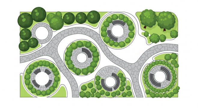 Landscape design plan top view vector, garden architectural layout with stone paths and green trees, urban park masterplan illustration