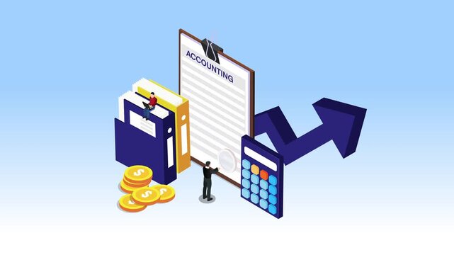 Accounting and Financial Audit Concept with Business Professionals, Folders, and Growth Arrow 3d animation cartoon