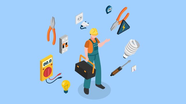 Electrician Character with Toolset, Professional Electrical Equipment and Icons 3d animation cartoon