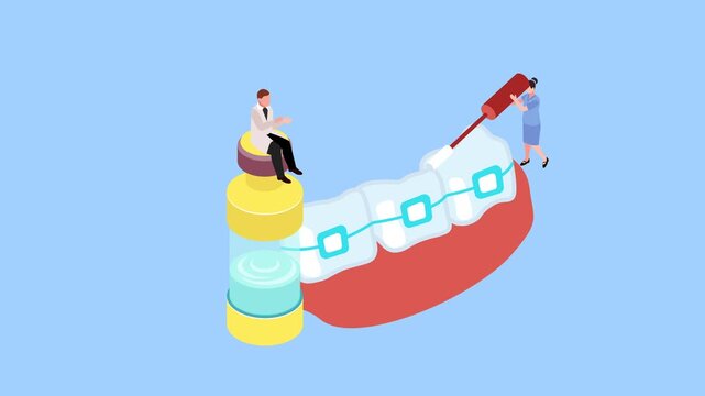Dental Care Illustration with Braces, Dentist, and Assistant 3d animation cartoon