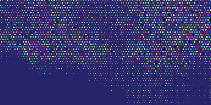 A vibrant display of multicolored dots forms a central cluster against a deep blue backdrop. This digital halftone pattern evokes a sense of data flow and modern energy for various tech visual