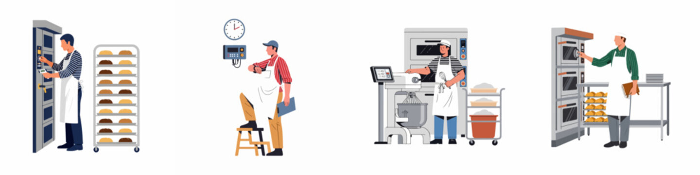 Set of professional bakers working in a modern industrial bakery with ovens, dough mixers, and bread racks, vector illustration on white background.