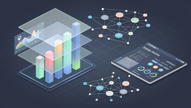 Digital data visualization with 3d bars chart network nodes and analytics on modern technology background