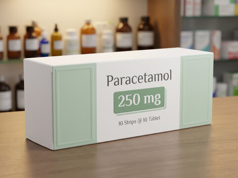 White box of Paracetamol 250 mg tablets on pharmacy shelf