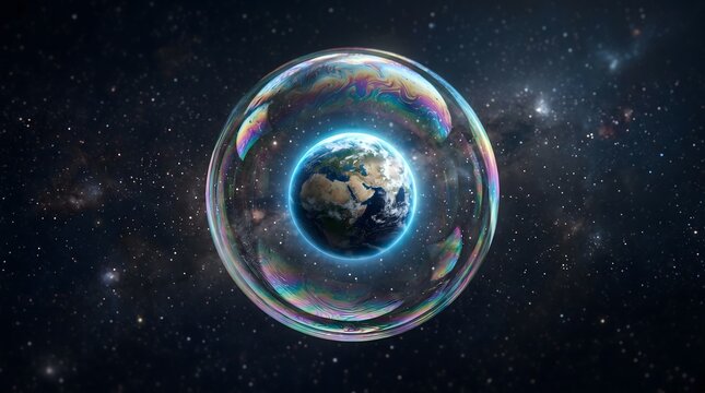 Conceptual image of Earth with Europe in the foreground inside a transparent bubble symbolizing fragility, protection and environmental balance.