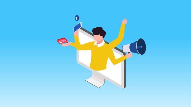 social media marketing concept vector illustration with multi-armed manager emerging from computer screen holding megaphone, smartphone, and notifications 3d animation cartoon