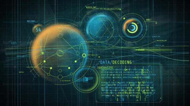 Futuristic HUD interface animation with data decoding, orbital planets simulation, digital space map, tech infographics, satellite tracking elements