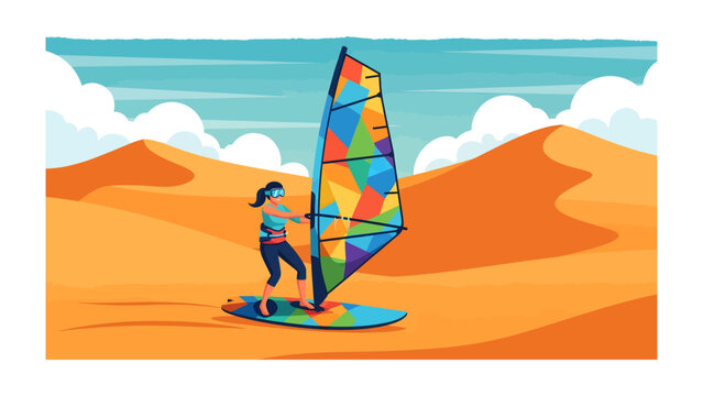 Windsurfing Adventure in the Dunes: A vibrant illustration depicts a person windsurfing across sand dunes under a clear blue sky with fluffy clouds.