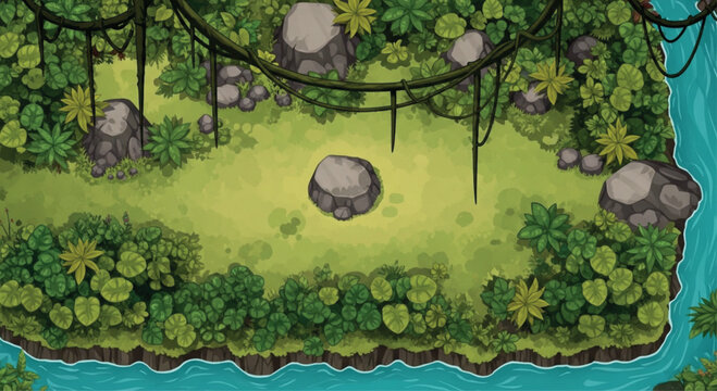 Tropical jungle clearing game background, lush rainforest landscape with river and rocks, top down view of exotic forest glade vector illustration