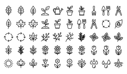 Leaves and gardening line icon collection with nature vector symbols © Md
