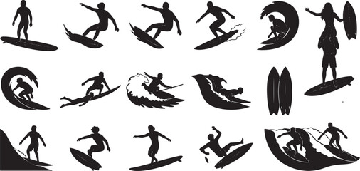 Obraz premium Collection of surfer silhouettes riding waves and standing with surfboards isolated on white background, Vector