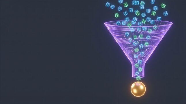 3D Digital Funnel Creating Golden Sphere Dark Slate Copy Space