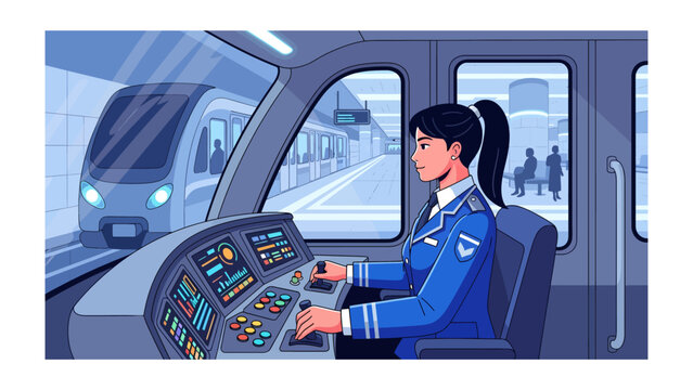 Woman train conductor driving a modern train