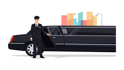 Chauffeur and Limousine Service: A distinguished chauffeur stands by the open door of a sleek black limousine. © Mahbuba