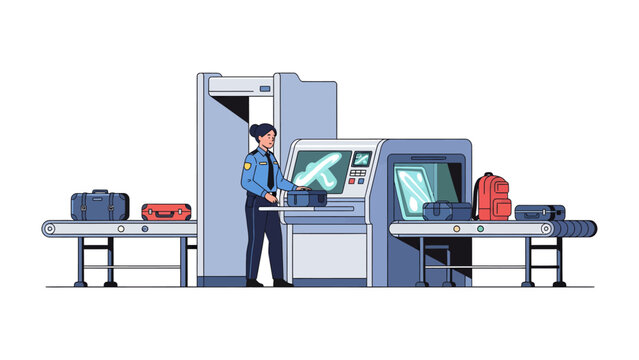 Airport Security Screening: A vigilant security officer oversees an airport baggage scanner and metal detector, ensuring passenger safety and smooth travel operations.