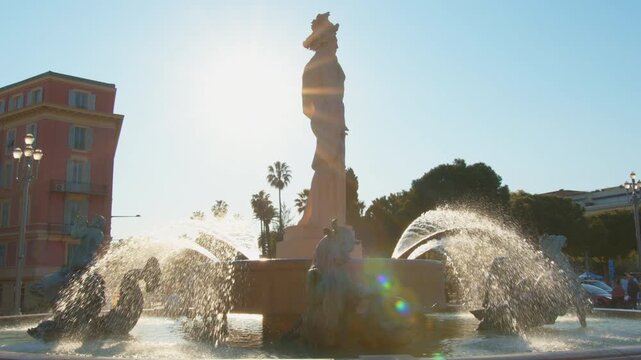 4K French Riviera Nice rays of light on Apollo&rsquo;s fountain parallax slow motion