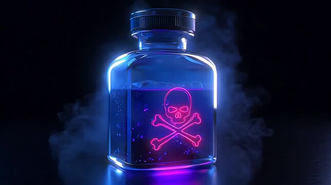 Glowing Neon Skull and Crossbones Poison Bottle with Blue Liquid and Smoke in Dark Background for Toxic Hazard Concept
