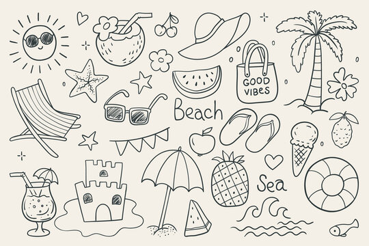 Summer beach doodle set. Hand drawn vacation icons collection with sun, palm tree, cocktail, watermelon, sunglasses and sea elements
